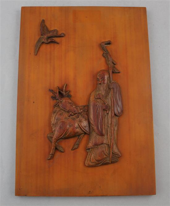 A Chinese bamboo Shou Lao panel, 23 x 16.5cm.